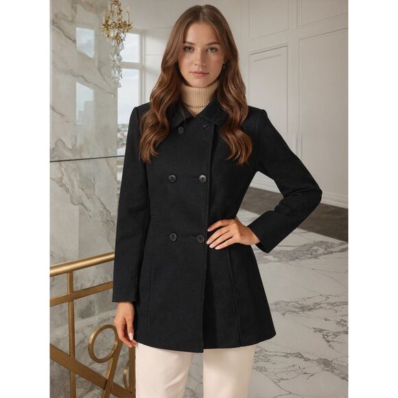 Peacoat Double Breasted Button Outerwear Winter Coat Black - Picture 2 of 6